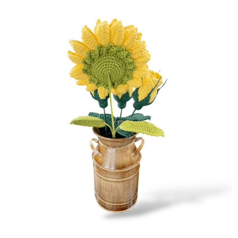 ARREGLO FLORAL TEJIDO A CROCHET GIRASOL Y ROSAS AMARILLAS