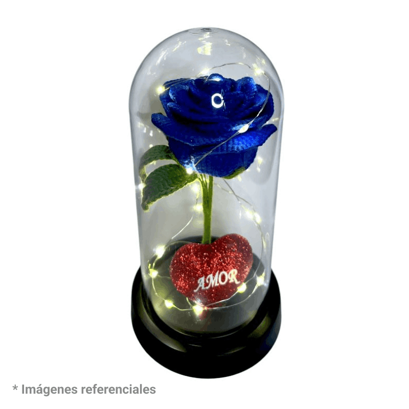 ROSA AZUL ETERNA TEJIDA A CROCHET CON CÚPULA LED