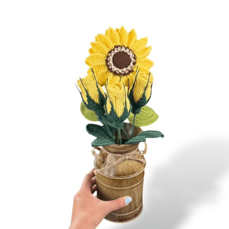 ARREGLO FLORAL TEJIDO A CROCHET GIRASOL Y ROSAS AMARILLAS