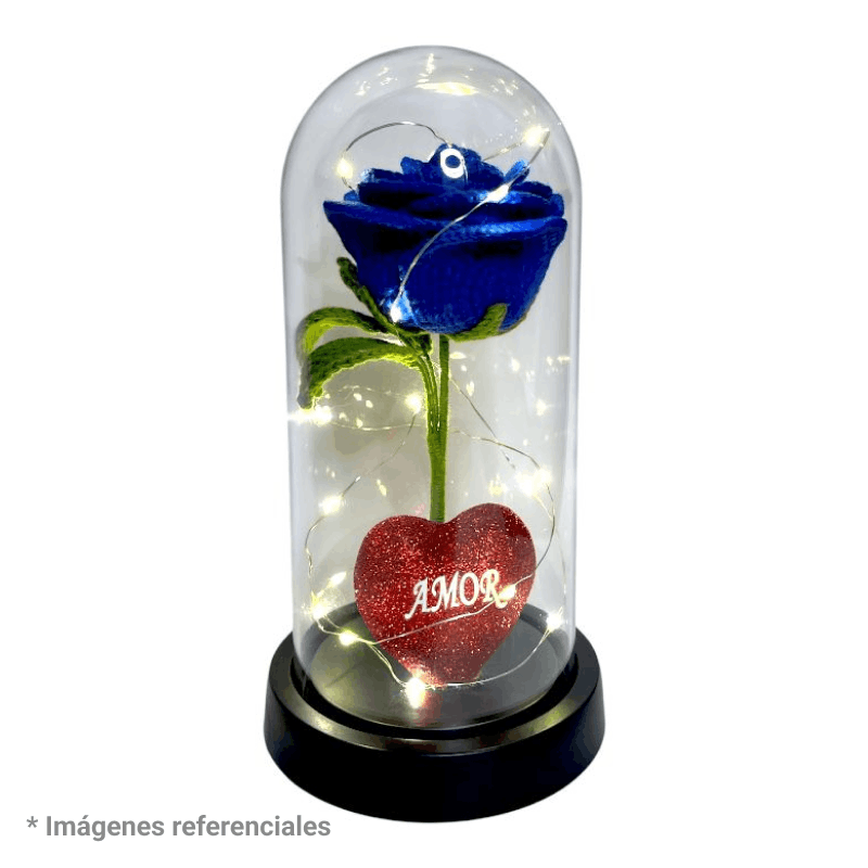 ROSA AZUL ETERNA TEJIDA A CROCHET CON CÚPULA LED