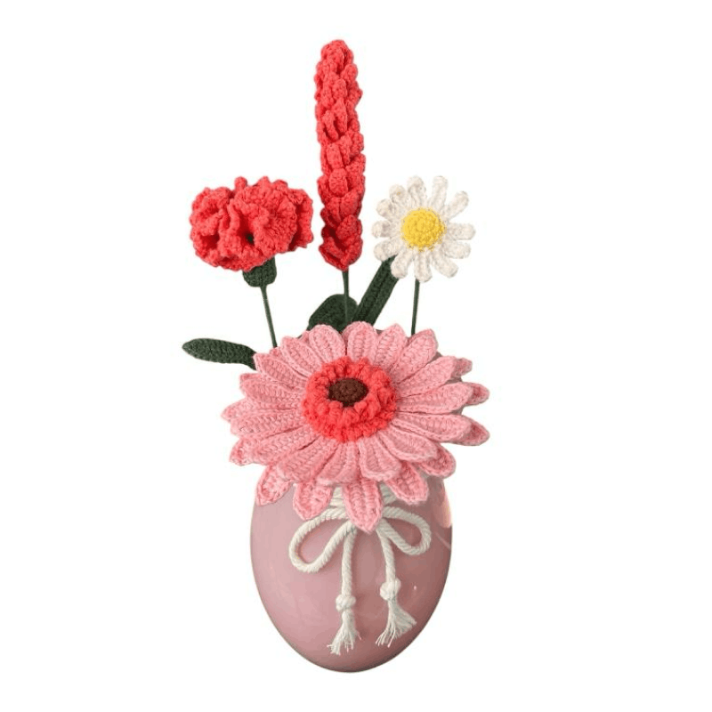FLORERO ROSADO CON FLORES A CROCHET